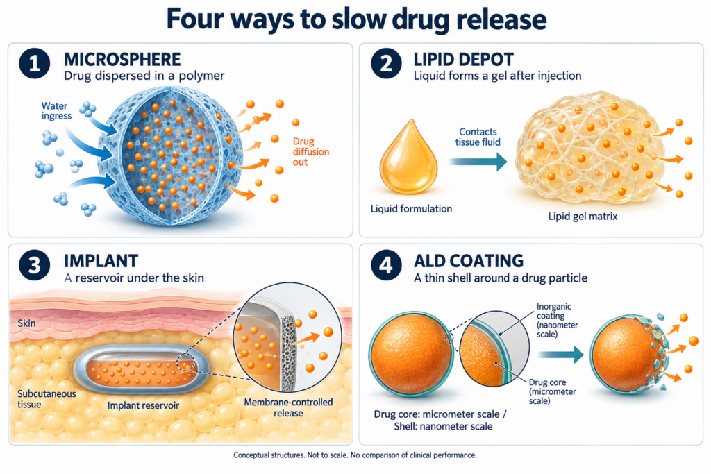 Release structures of microspheres, lipid depots, implants, and ALD-coated drug particles
