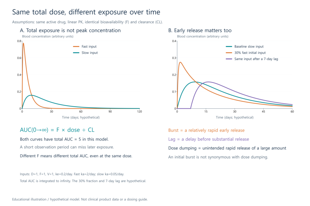 Different exposure schedules at equal total AUC, plus illustrative burst and lag profiles
